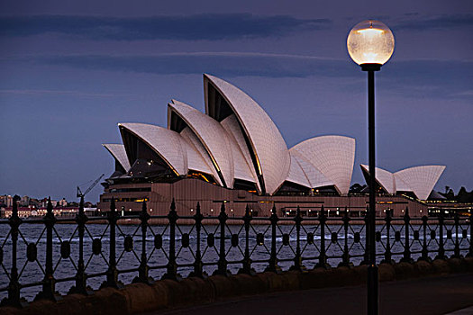 栏杆,海堤,灯柱,光亮,正面,悉尼歌剧院,黎明,悉尼,澳大利亚
