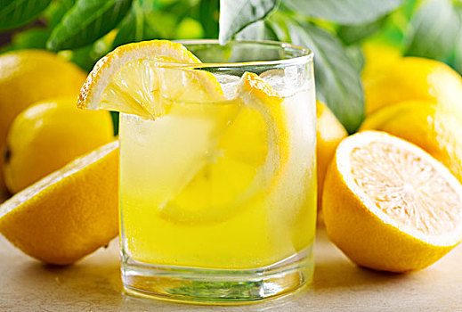 玻璃杯,柠檬水,新鲜,柠檬