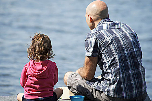 父亲,女儿,坐,码头