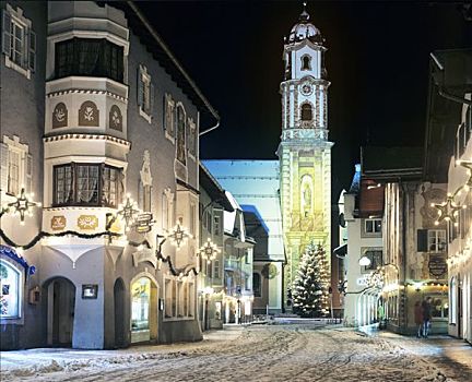 冬天,圣诞树,教区教堂,上巴伐利亚,巴伐利亚,德国