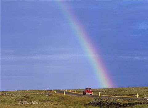 彩虹,孤单,道路,红色,汽车,北方,冰岛