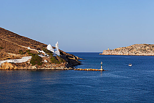 港口,白色,教堂,悬崖,水边,希腊