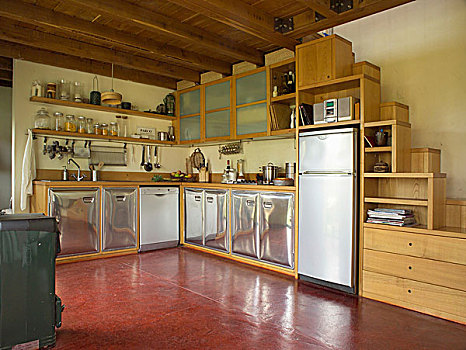 厨房,区域,弯曲,不锈钢,木质,柜子,桑巴舞,楼梯