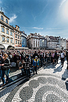 人群,正面,老城,市政厅,古建筑,老城广场,布拉格,捷克共和国,欧洲