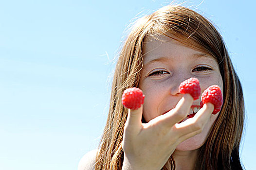女孩,放,手指,树莓,巴伐利亚,德国,欧洲