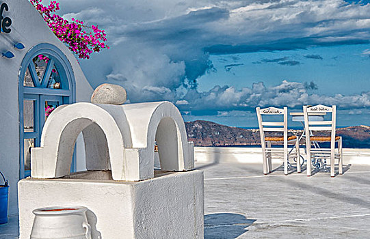 明信片,场景,两个,孤单,椅子,平台,桌子,就绪,旅游,锡拉岛,希腊,希腊群岛
