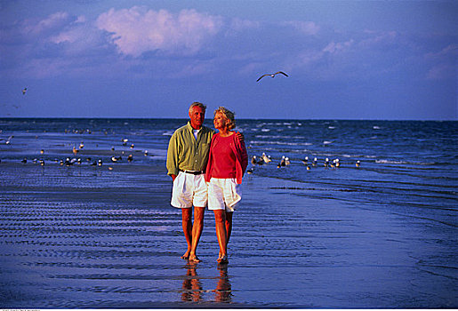 夫妻,走,海滩,比斯坎湾,佛罗里达,美国