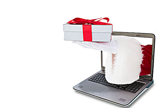 合成效果,图像,圣诞老人,展示,礼物,红丝带,笔记本电脑