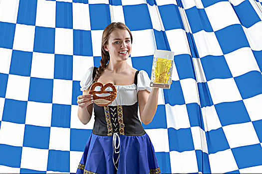 合成效果,图像,女孩,拿着,啤酒,椒盐卷饼,蓝色,白色,旗帜