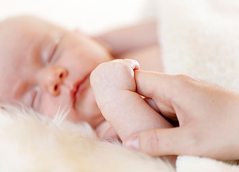 女婴,3个月,躺着,羊皮,拿着,手指