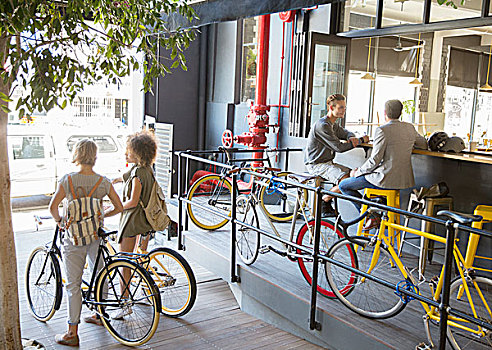 人,自行车,城市,露天咖啡馆
