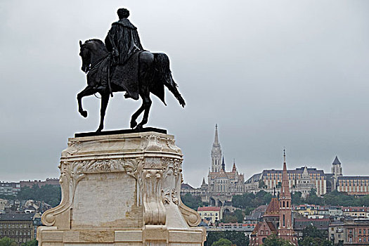 骑马雕像,马提亚斯教堂,背景,布达佩斯,匈牙利