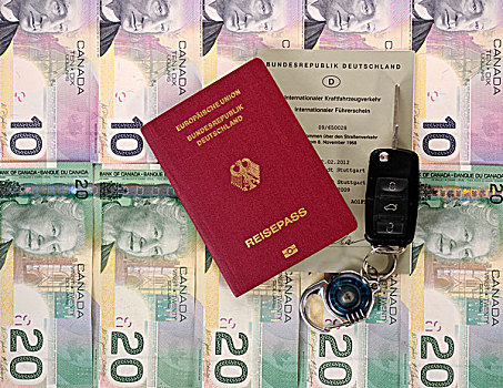护照,联邦,共和国,德国,国际,驾驶,牌照,汽车,钥匙,多样,加拿大,美元,钞票