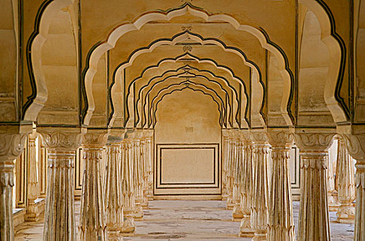 拱形,人行道,柱子,室内,琥珀宫,斋浦尔,拉贾斯坦邦,印度
