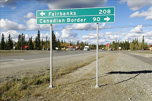 交通标志,费尔班克斯,加拿大,边界,阿拉斯加公路,阿拉斯加,美国