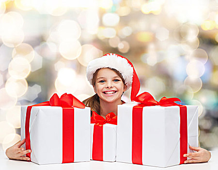 休假,礼物,圣诞节,孩子,人,概念,微笑,女孩,圣诞老人,帽子,礼盒,上方,背景