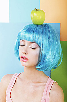 怪诞,女人,蓝色,假发,青苹果
