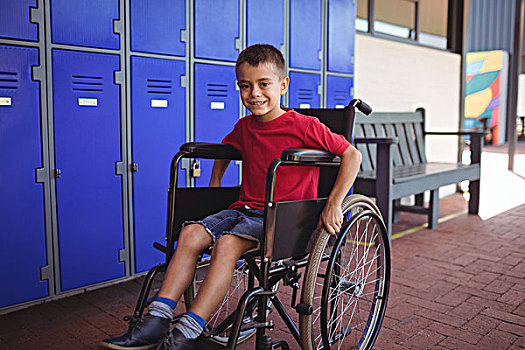 男孩,头像,坐,轮椅,走廊,学校