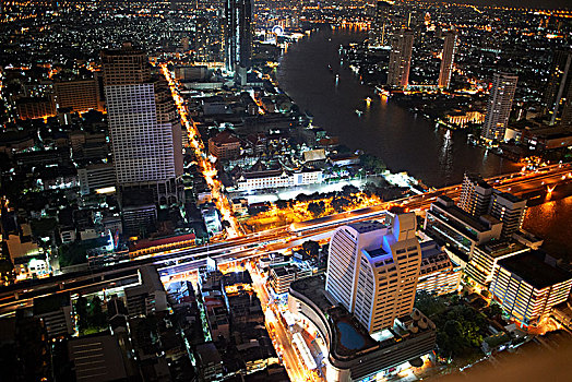 俯拍,城市,摩天大楼,夜晚,曼谷,泰国