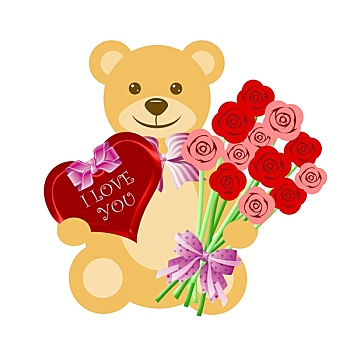 泰迪熊,玫瑰花束,心形,盒子