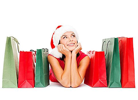 销售,礼物,圣诞节,圣诞,概念,微笑,女人,红色,衬衫,圣诞老人,帽子,购物袋
