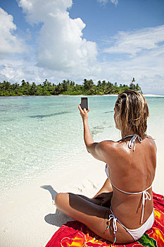 女人,照相,岛屿,北方,环礁,马尔代夫
