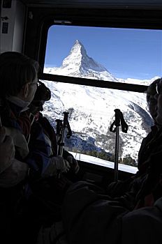 滑雪者,山,齿轨铁路,正面,马塔角,策马特峰,瓦莱,沃利斯,瑞士,欧洲