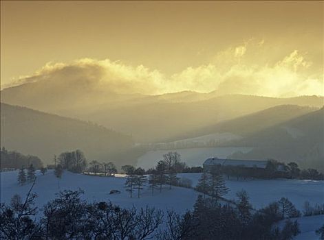 日落,上方,山,冬天,下奥地利州,奥地利