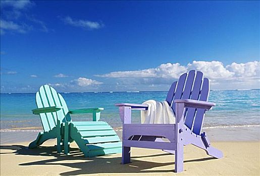 彩色,沙滩椅,海滩,平静,波浪,洗,岸边,青绿色,水