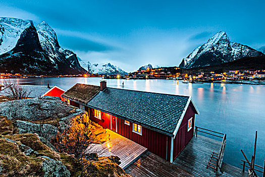 红房,冬天,风景,峡湾,渔村,瑞恩,罗弗敦群岛,挪威,欧洲