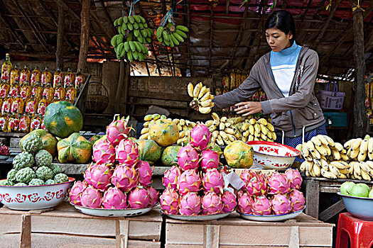 摊贩,水果摊,波芭山,缅甸