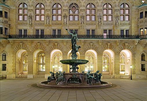 喷泉,院落,汉堡市,市政厅,德国,欧洲