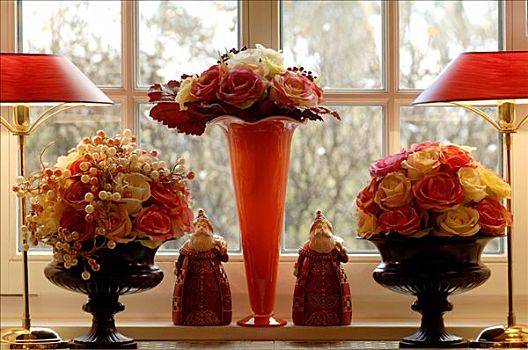 三个,花瓶,玫瑰花,正面,窗