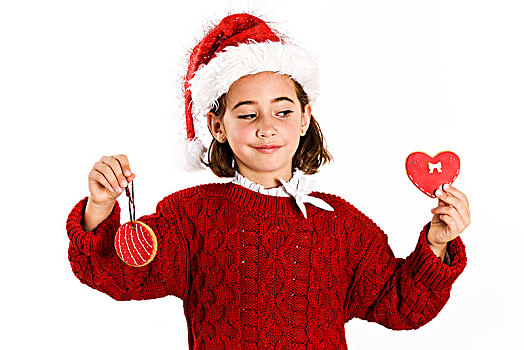 可爱,小女孩,戴着,圣诞帽,圣诞曲奇,隔绝,白色背景,背景,冬服