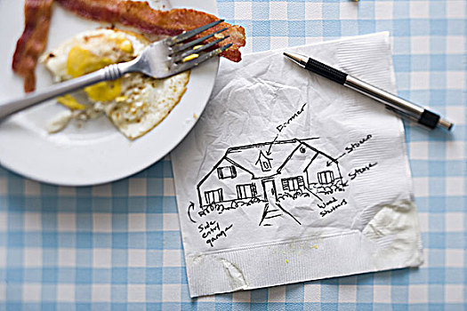 熏肉,蛋,叉子,餐巾,笔,素描,房子