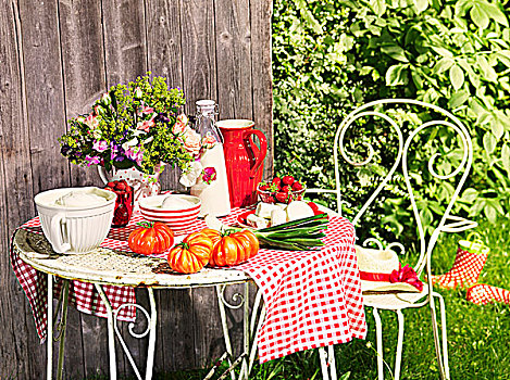 乳制品,西红柿,小洋葱,花园桌