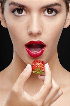 女人,肖像,吃,草莓