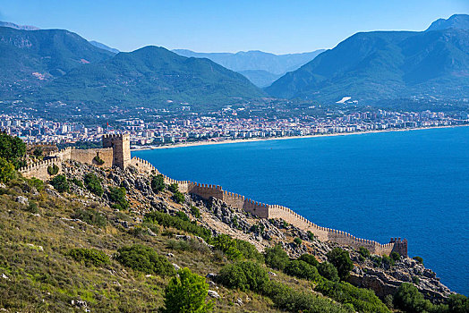 要塞,墙壁,城堡,阿兰亚,后面,山,海滨胜地,土耳其,里维埃拉,亚洲