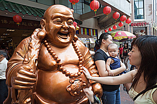 新加坡,唐人街,人,擦,佛像,好运