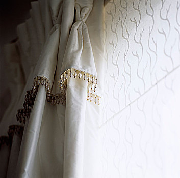 特写,丝绸,帘,珠子,边缘,悬挂,正面