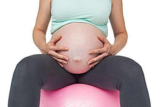 孕妇,坐,粉色,健身球,拿着