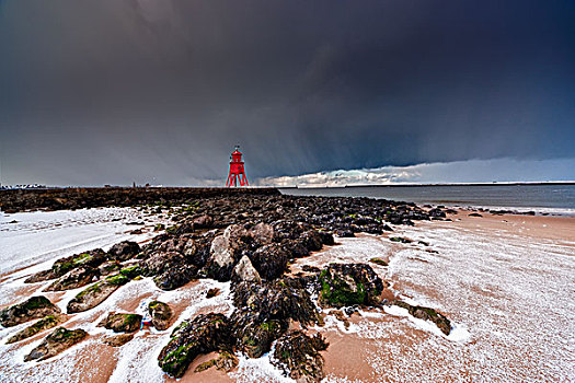 红色,灯塔,海岸,雷雨天气,南,泰恩-威尔,英格兰