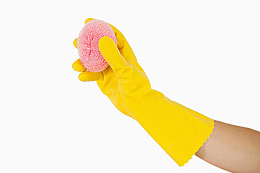 女性,握着,粉色,海绵,橡胶手套
