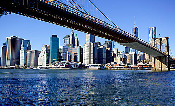 美国,纽约,布鲁克林大桥,天际线,背景