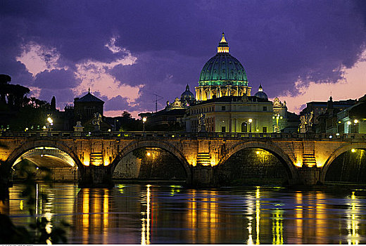 圣彼得大教堂,台伯河,黄昏,梵蒂冈城,罗马,意大利