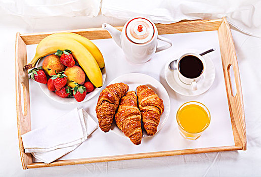 早餐,托盘,咖啡,牛角面包,水果