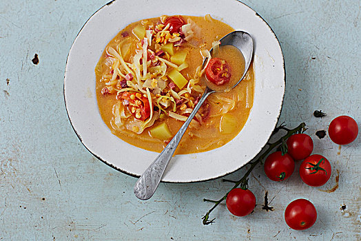 西红柿,卷心菜,汤,红色,扁豆