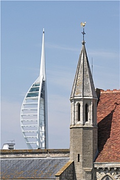 大三角帆,塔,教堂,朴次茅斯,英国