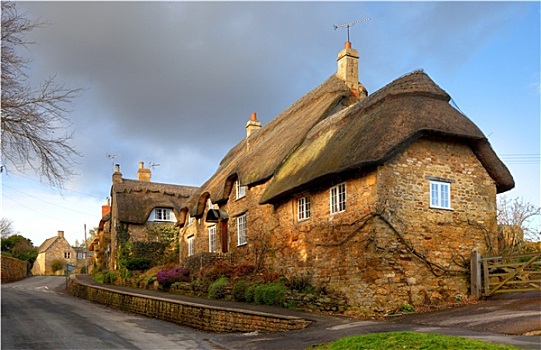茅草屋顶,石头,屋舍,英格兰