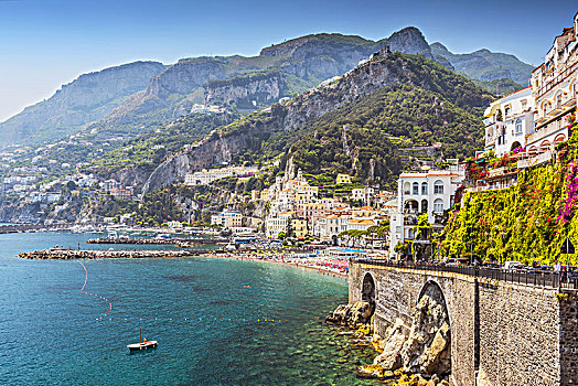 风景,漂亮,城镇,阿马尔菲,著名,阿马尔菲海岸,海湾,萨勒诺,坎帕尼亚区,意大利